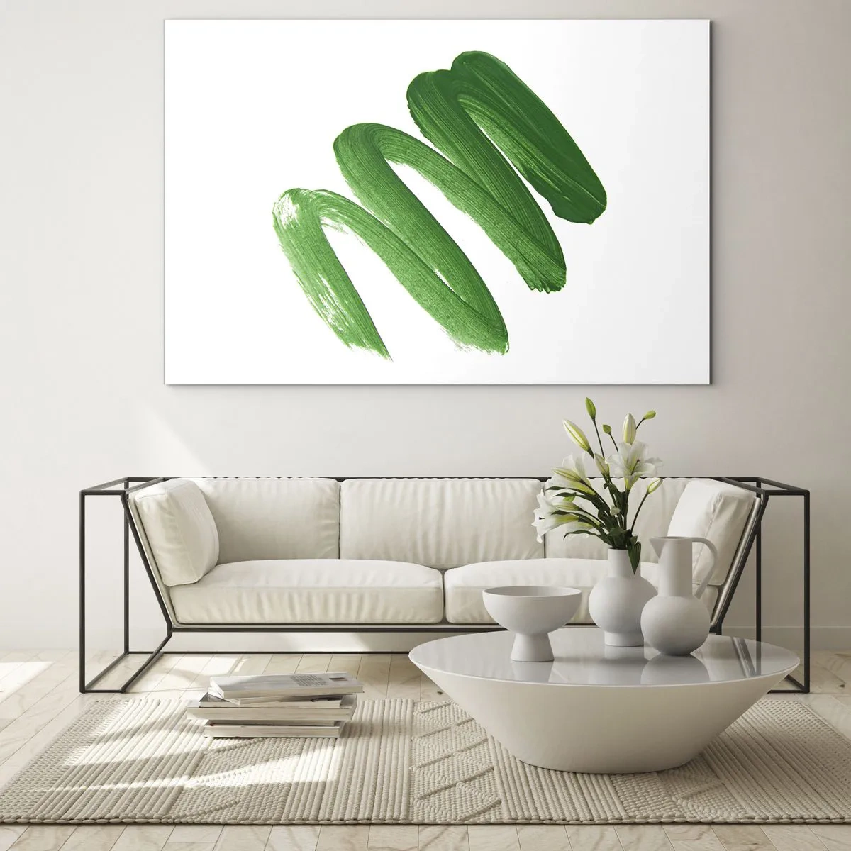 Obraz na skle - Dynamický zelený ťah štetcom na bielom pozadí - 70x50cm - Zelený žart - Moderná nástenná dekorácia do obývacej izby a spálne ARTTOR