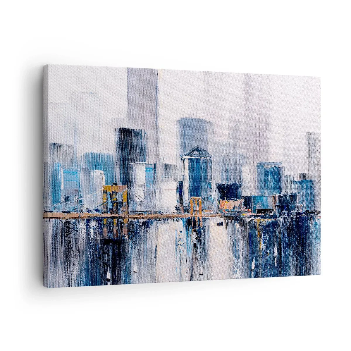 Obraz na plátne - Abstraktná panoráma mesta s odtieňmi modrej a žltej - 70x50cm - Newyorská impresia - Moderná nástenná dekorácia do obývacej izby a spálne ARTTOR