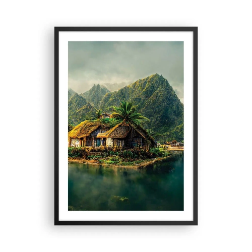 Plagát v čiernom ráme - Tropická chata s horami a jazerom v pozadí - 50x70cm - Tropický raj - Moderná nástenná dekorácia do obývacej izby a spálne ARTTOR