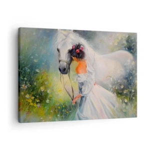 Obraz na plátne - Žena s bielym koňom v malebnom prostredí - 70x50cm - Ako z krásneho sna - Moderná nástenná dekorácia do obývacej izby a spálne ARTTOR