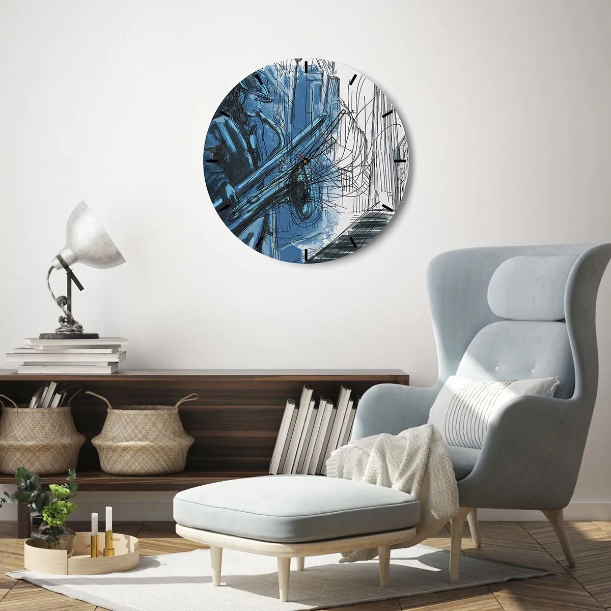 Nástenné hodiny - Džezový hudobník v umeleckej interpretácii - 30x30cm - Mestská rapsódia - Moderná nástenná dekorácia do obývacej izby, kuchyne a spálne ARTTOR