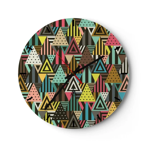 Nástenné hodiny - Farebné trojuholníky v geometrickom vzore na tmavom pozadí - 30x30cm - V rytme na tri - Moderná nástenná dekorácia do obývacej izby, kuchyne a spálne ARTTOR