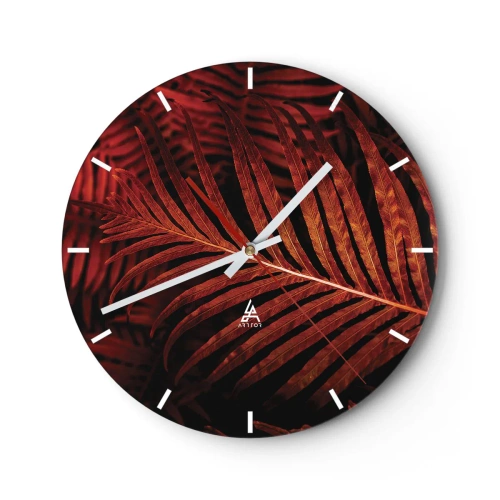 Nástenné hodiny - Červenooranžové listy tropickej rastliny na tmavom pozadí - 30x30cm - Žiar života - Moderná nástenná dekorácia do obývacej izby, kuchyne a spálne ARTTOR