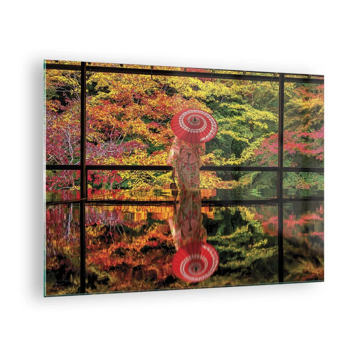 Obraz na skle - Žena v kimone s dáždnikom na pozadí jesennej krajiny, ktorá sa odráža vo vode. - 70x50cm - V chráme prírody - Moderná nástenná dekorácia do obývacej izby a spálne ARTTOR