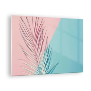 Obraz na skle - Palmový list na pastelovom pozadí v geometrickej kompozícii - 70x50cm - Tropický dojem - Moderná nástenná dekorácia do obývacej izby a spálne ARTTOR