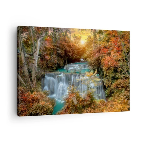 Obraz na plátne - Jesenný vodopád obklopený farebnými stromami na slnečnom svetle - 70x50cm - Ukrytý poklad lesa - Moderná nástenná dekorácia do obývacej izby a spálne ARTTOR