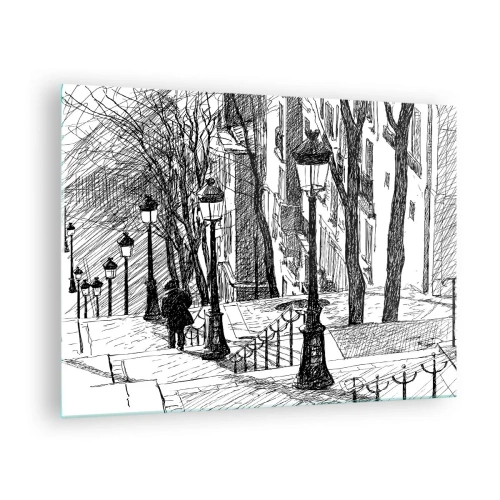 Obraz na skle - Čiernobiela kresba mestskej ulice s lampášmi - 70x50cm - Milostný príbeh alebo horor? - Moderná nástenná dekorácia do obývacej izby a spálne ARTTOR