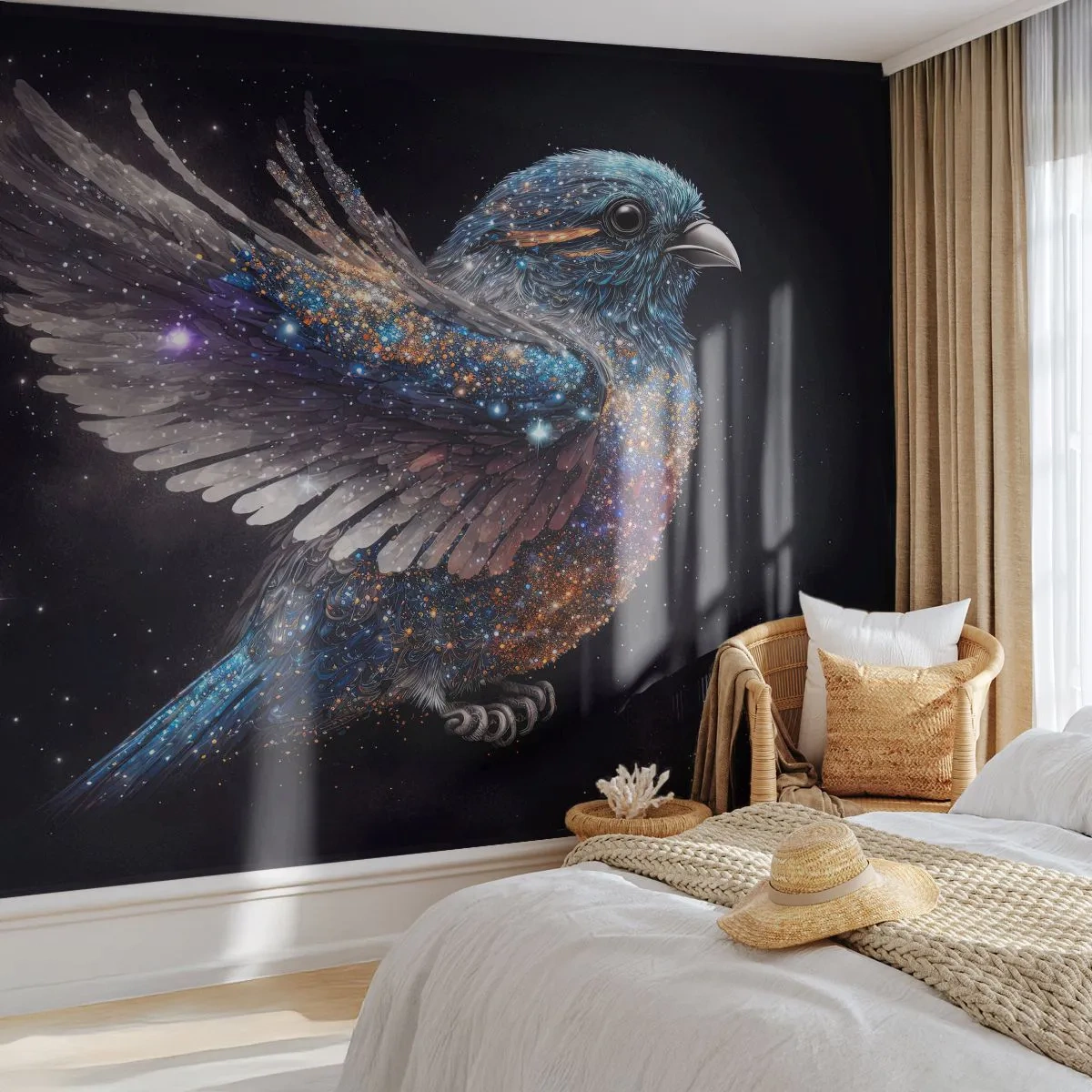Fototapeta Standard Eco - Vesmírny vrabec s diamantovým leskom na čiernom - 100x70cm - Diamantový vrabec - Moderná nástenná dekorácia do obývacej izby a spálne ARTTOR