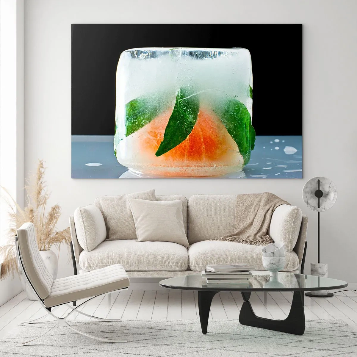 Obraz na skle - Ovocie a listy zmrazené v čírom ľade - 70x50cm - Sviežosť a osvieženie - Moderná nástenná dekorácia do obývacej izby a spálne ARTTOR