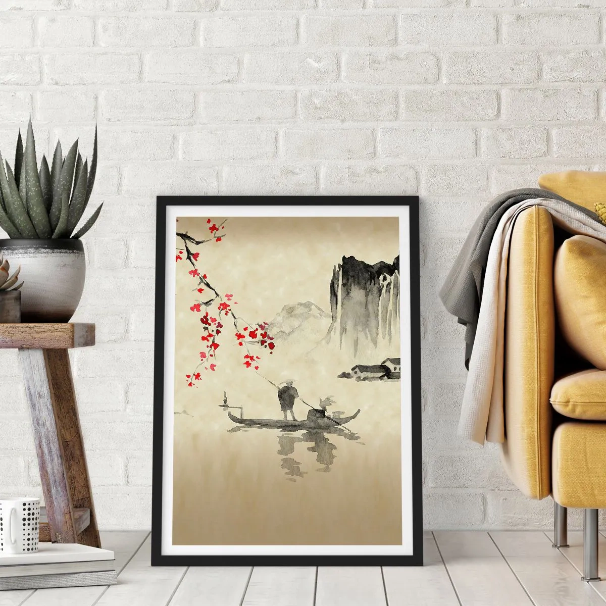 Plagát v čiernom ráme - Orientálna scéna s rybármi na lodi - 50x70cm - V krajine kvitnúcich čerešní - Moderná nástenná dekorácia do obývacej izby a spálne ARTTOR
