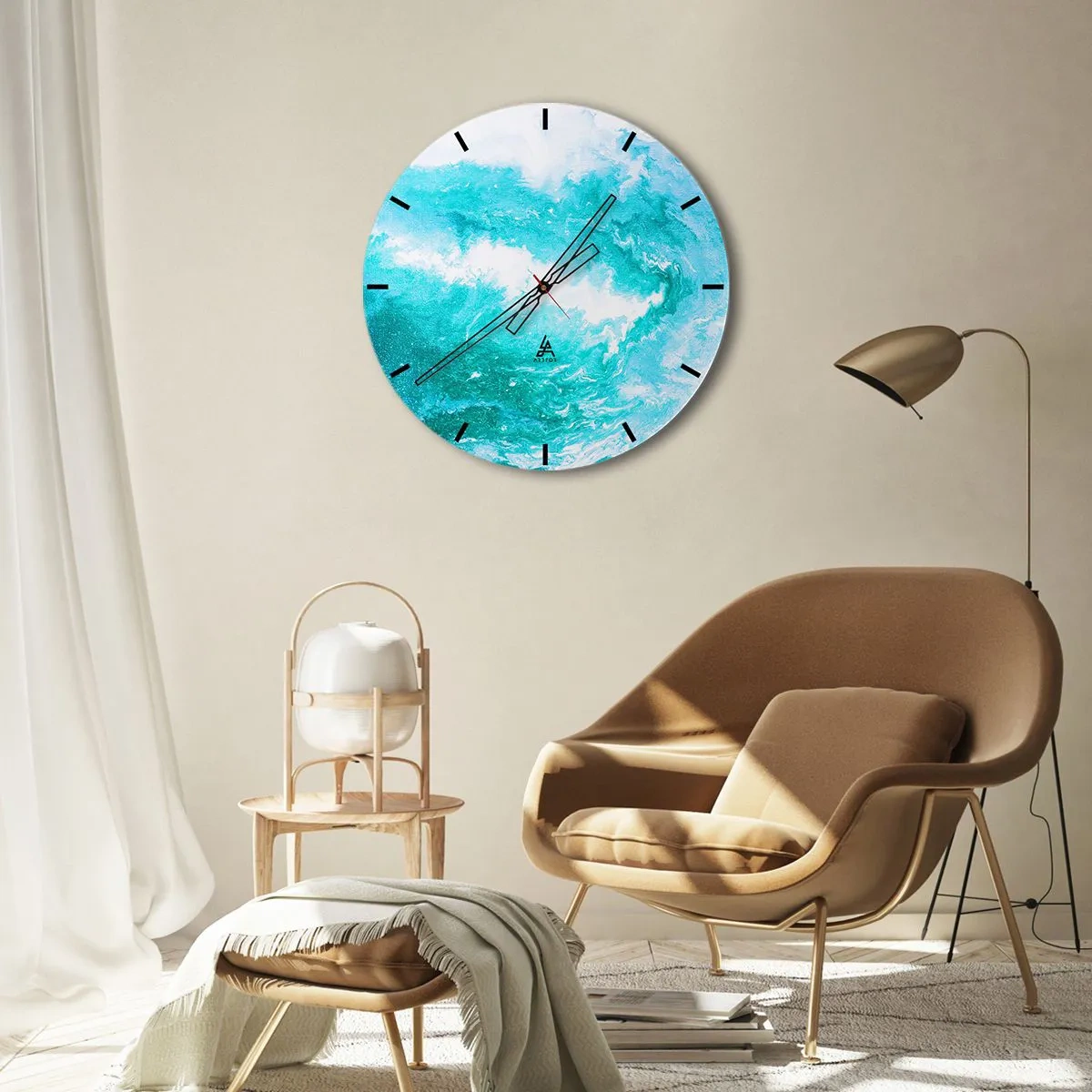 Nástenné hodiny - Abstraktná vlna v odtieňoch modrej a tyrkysovej - 30x30cm - V jadre živlu - Moderná nástenná dekorácia do obývacej izby, kuchyne a spálne ARTTOR