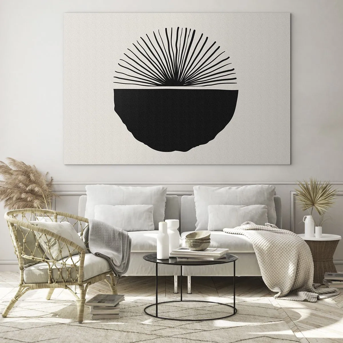 Obraz na skle - Čierny geometrický tvar s vejárom čiar na krémovom pozadí. - 70x50cm - Viac možností - Moderná nástenná dekorácia do obývacej izby a spálne ARTTOR