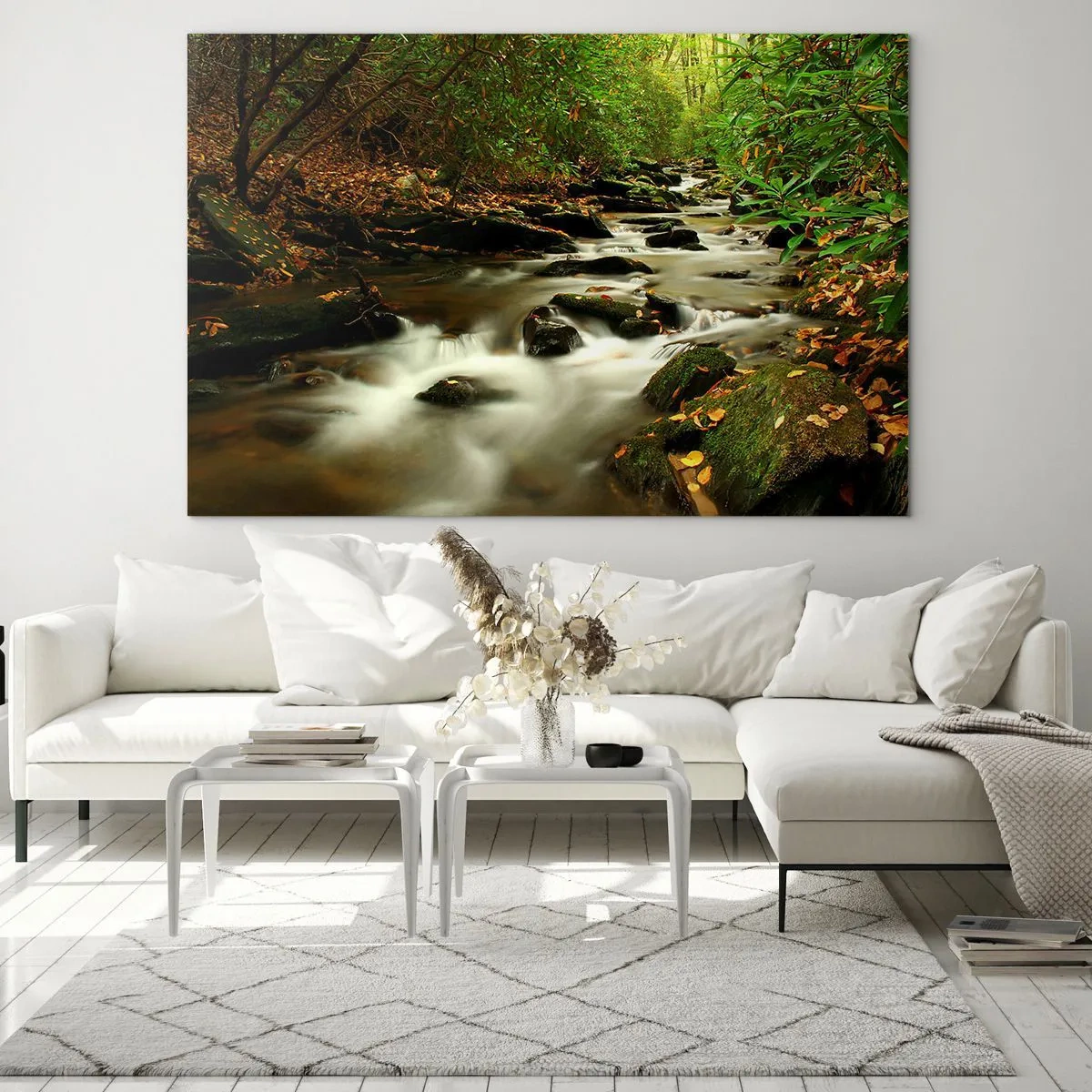Obraz na skle - Potok v lese obklopený kameňmi a listami - 70x50cm - Ako tekuté striebro - Moderná nástenná dekorácia do obývacej izby a spálne ARTTOR