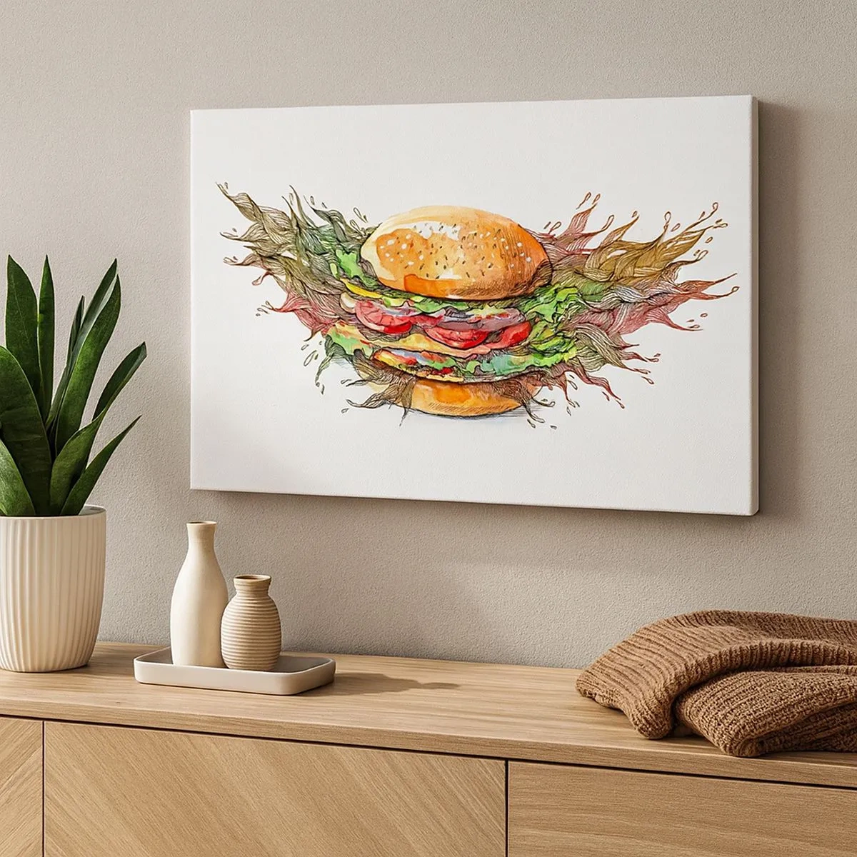 Obraz na plátne - Umelecká ilustrácia burgeru s dynamickými prvkami - 70x50cm - Horúce pokušenie - Moderná nástenná dekorácia do obývacej izby a spálne ARTTOR