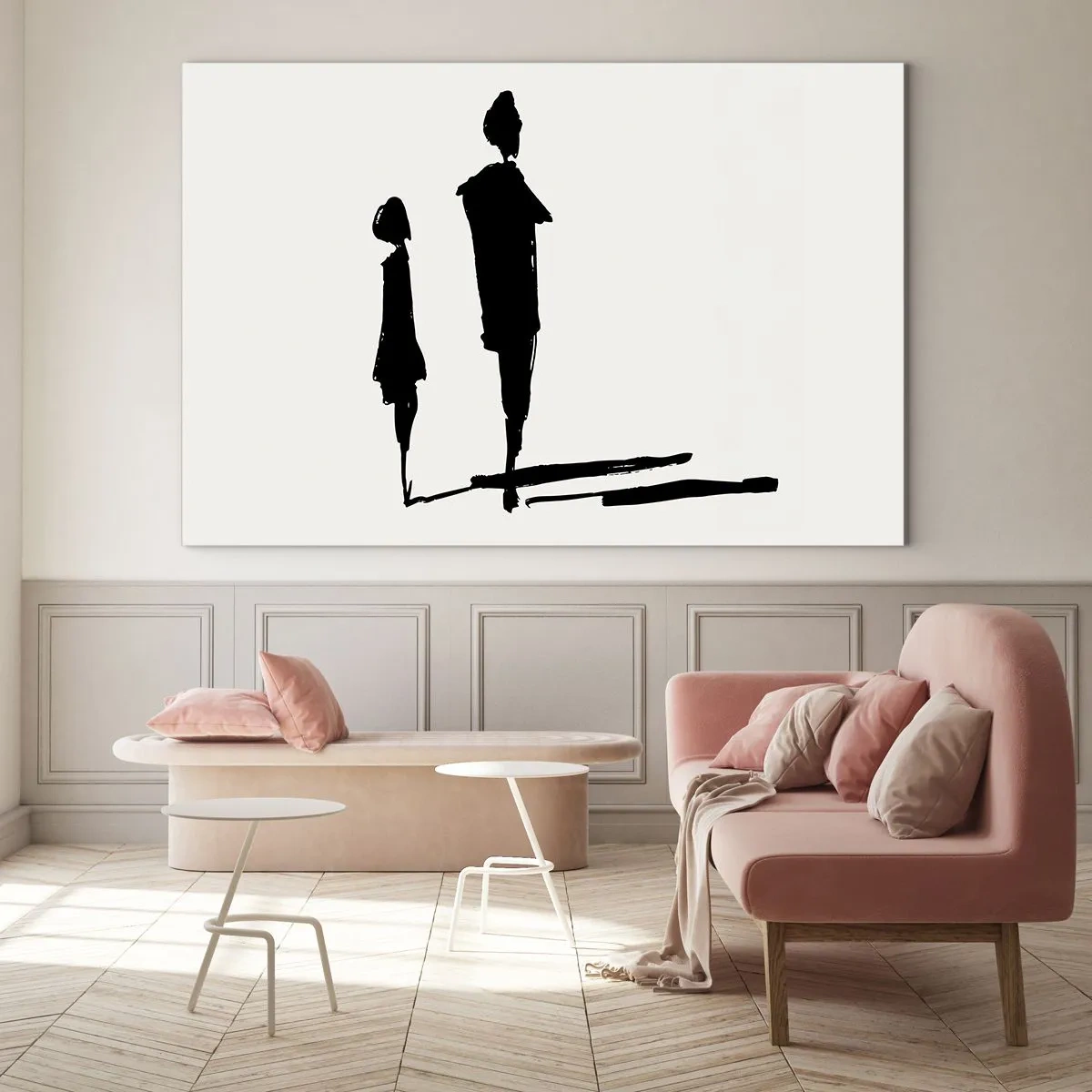 Obraz na skle - Čierne siluety dvoch postáv so tieňmi na svetlom pozadí - 70x50cm - Určite spolu? - Moderná nástenná dekorácia do obývacej izby a spálne ARTTOR