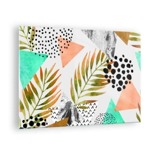 Obraz na skle - Geometrické tvary a listy v pastelových farbách - 70x50cm - Dekorácia s palmovým listom - Moderná nástenná dekorácia do obývacej izby a spálne ARTTOR