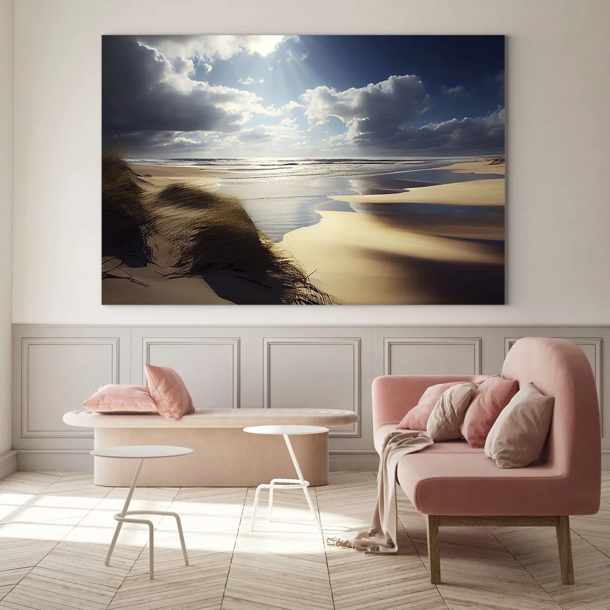 Obraz na skle - Divoká pláž osvetlená slnečnými lúčmi spod oblakov - 70x50cm - Pláž, divoká pláž - Moderná nástenná dekorácia do obývacej izby a spálne ARTTOR