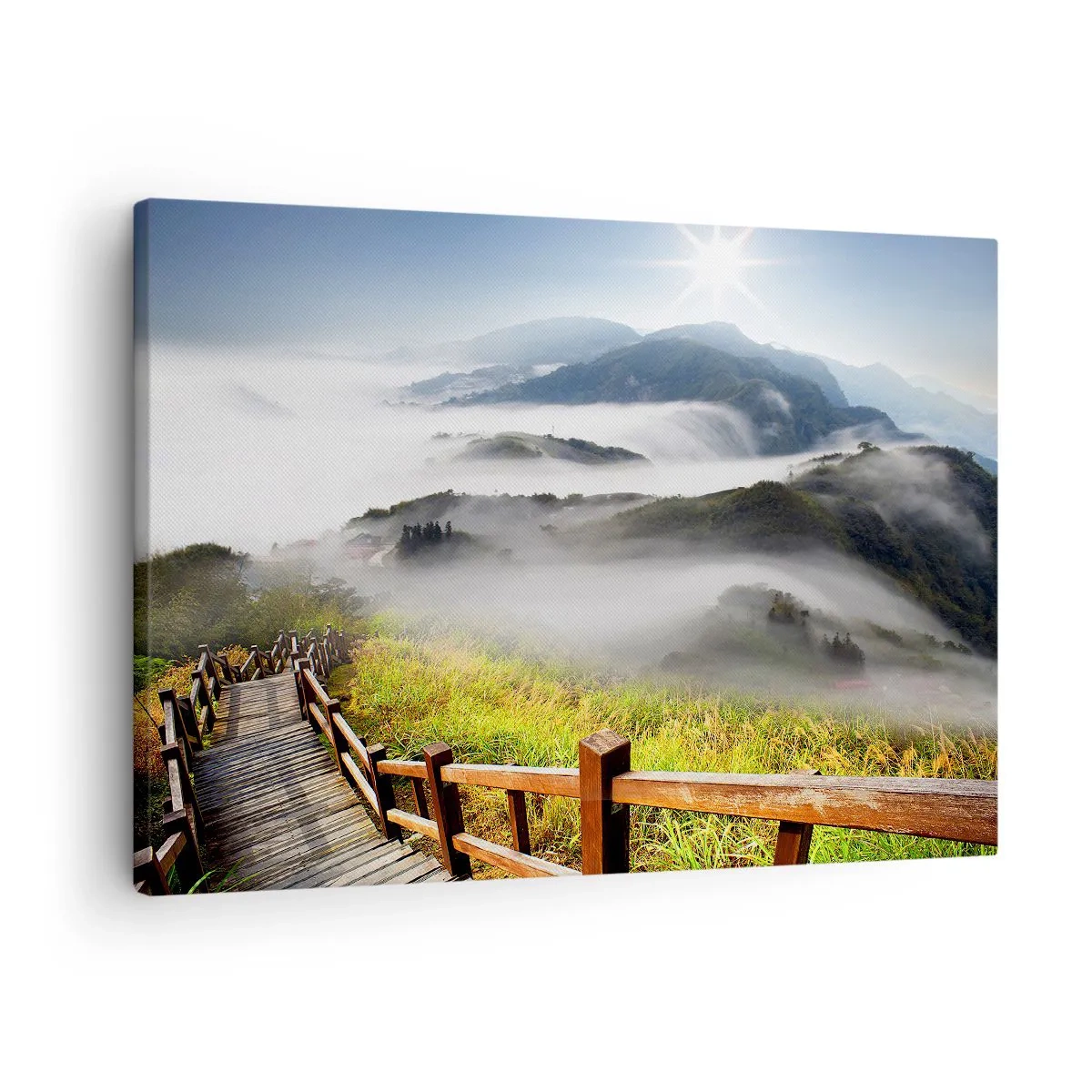 Obraz na plátne - Drevený chodník medzi hmlistými horami ráno - 70x50cm - Utkané zo žiary a hmly - Moderná nástenná dekorácia do obývacej izby a spálne ARTTOR