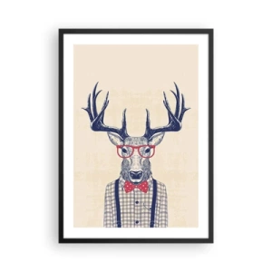Plagát v čiernom ráme - Štýlový jeleň s okuliarmi a motýlikom na béžovom pozadí - 50x70cm - Zábavná extravagancia - Moderná nástenná dekorácia do obývacej izby a spálne ARTTOR