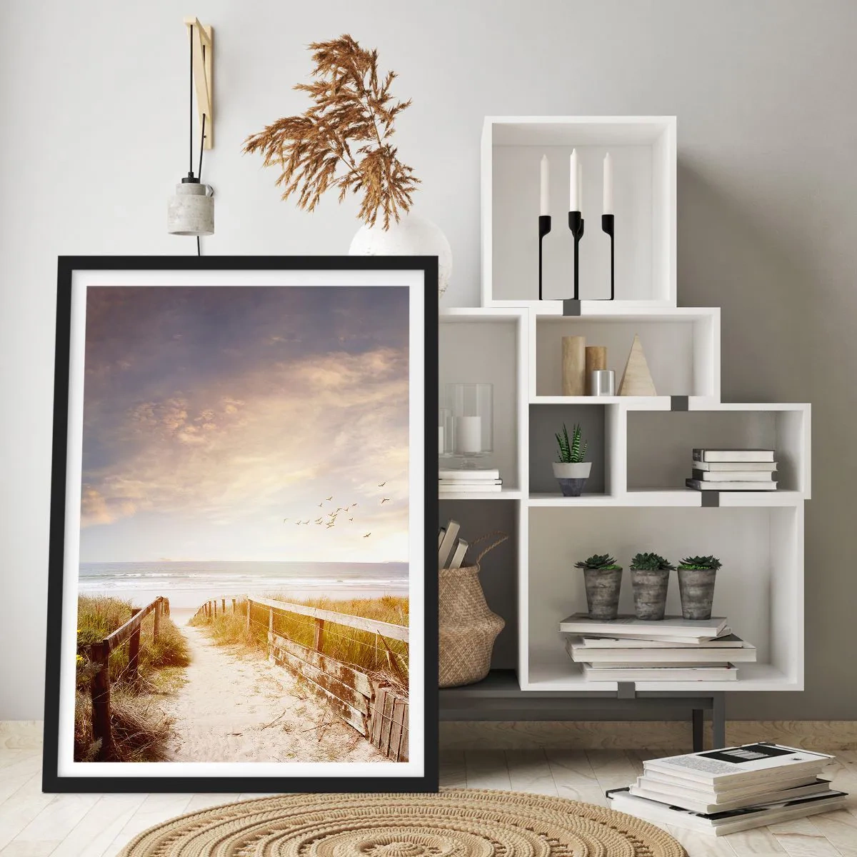 Plagát v čiernom ráme - Cesta k pláži pri západe slnka s lietajúcimi vtákmi - 50x70cm - Priestor pokoja - Moderná nástenná dekorácia do obývacej izby a spálne ARTTOR
