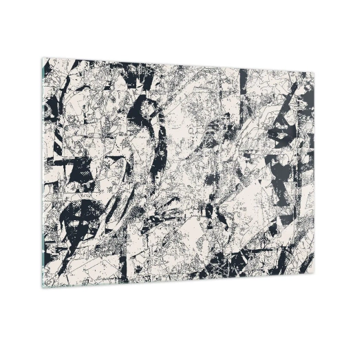 Obraz na skle - Čiernobiela abstrakcia s dynamickými líniami a textúrami - 70x50cm - Prelínanie protikladov - Moderná nástenná dekorácia do obývacej izby a spálne ARTTOR