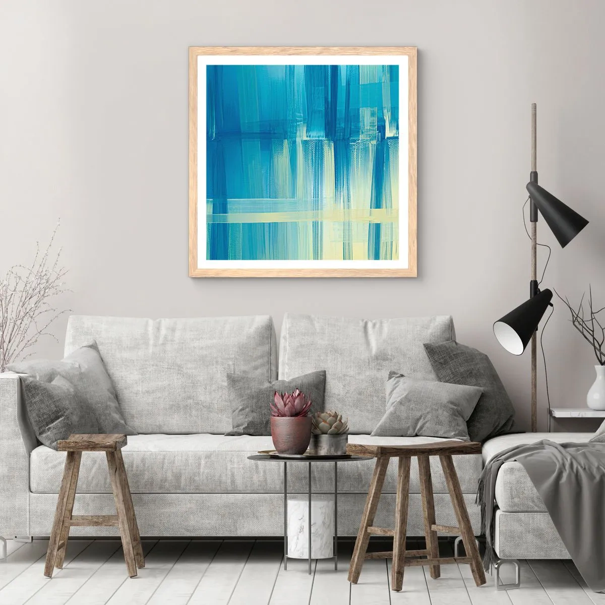 Plagát v ráme zo svetlého duba - Kompozícia v tyrkyse - 40x40 cm