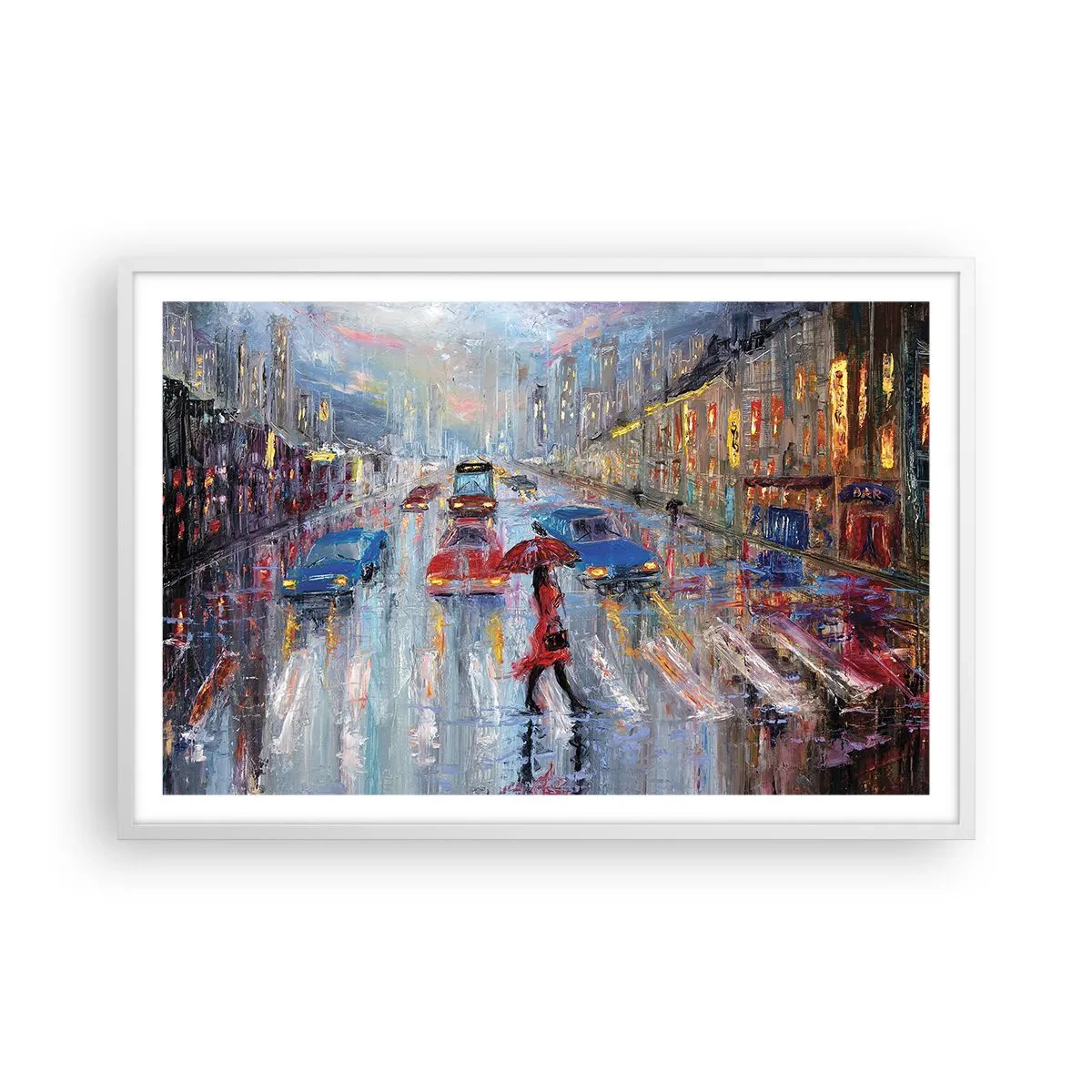 Plagát v bielom ráme - Daždivé popoludnie v meste - 91x61 cm