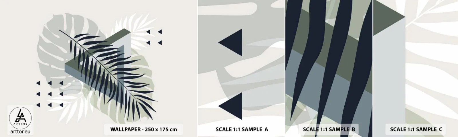 Vzorka samolepiacej fototapety Deluxe Sticker - Príroda a geometria – dva poriadky? - List Monstera, Palmový list, Grafika - 100x30 cm