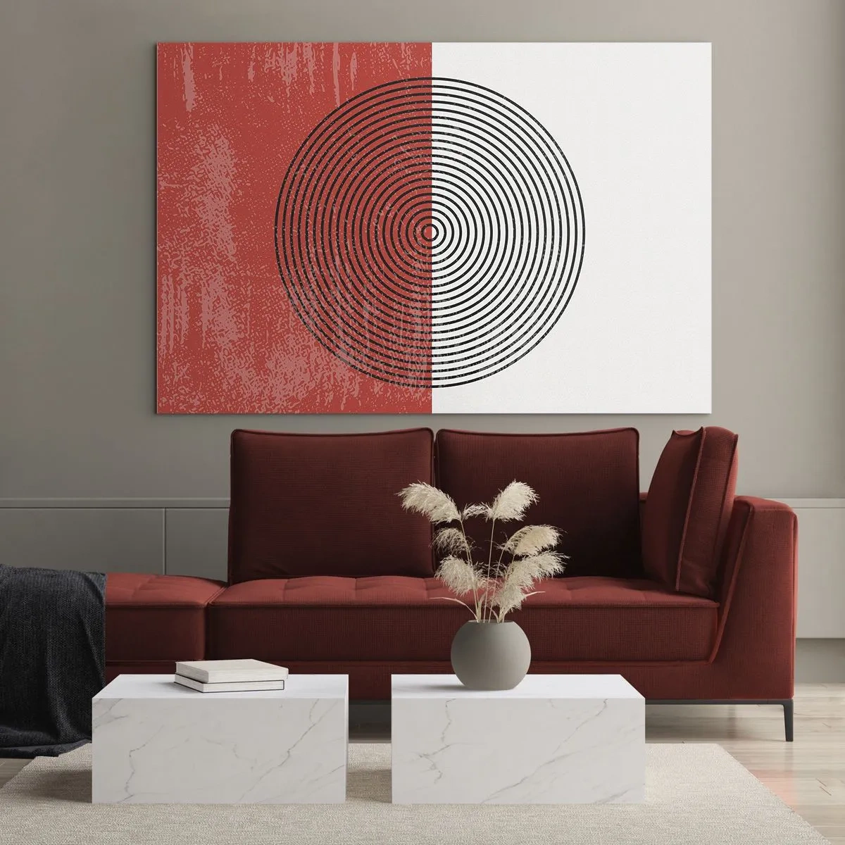 Obraz na skle - Geometrický vzor s kruhom na červeno-bielom pozadí - 70x50cm - Presný zásah - Moderná nástenná dekorácia do obývacej izby a spálne ARTTOR