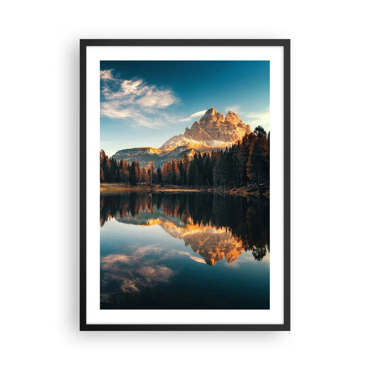Plagát v čiernom ráme - Vrchol hory odrážajúci sa v pokojnom jazere - 50x70cm - Dvojitá krajina - Moderná nástenná dekorácia do obývacej izby a spálne ARTTOR