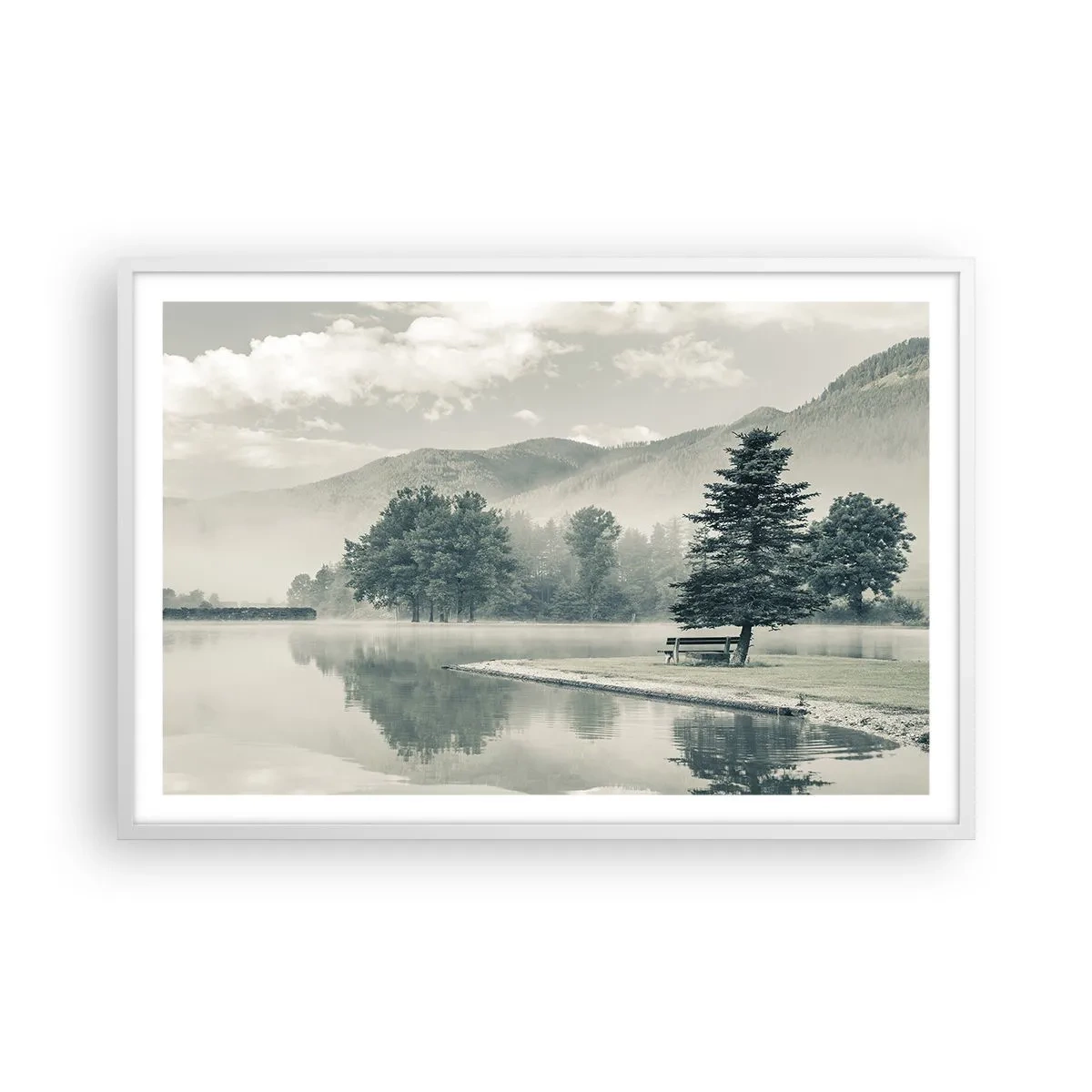 Plagát v bielom ráme - Jazero ešte spí - 91x61 cm