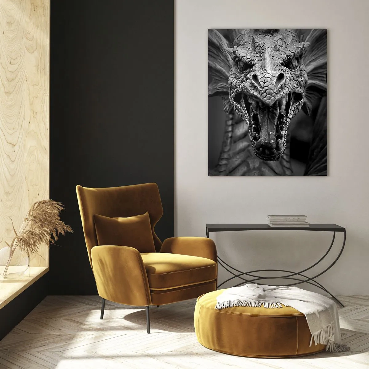 Obraz na skle - Rozprávkový drak v šedi - 50x70 cm