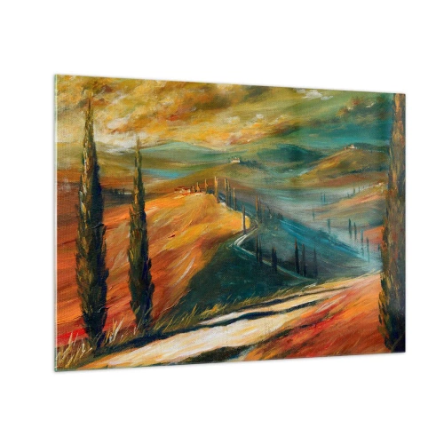 Obraz na skle - Západ slnka nad toskánskym kopcom - 70x50cm - Toskánska krajina - Moderná nástenná dekorácia do obývacej izby a spálne ARTTOR