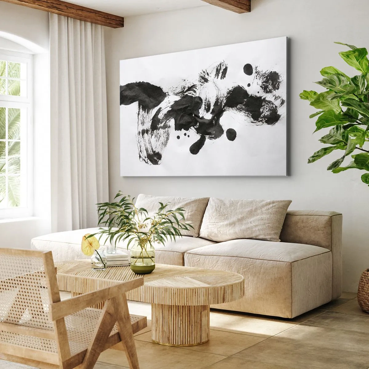 Obraz na plátne - Abstraktná kompozícia čiernych škvŕn na bielom pozadí - 70x50cm - Metóda v šialenstve? - Moderná nástenná dekorácia do obývacej izby a spálne ARTTOR