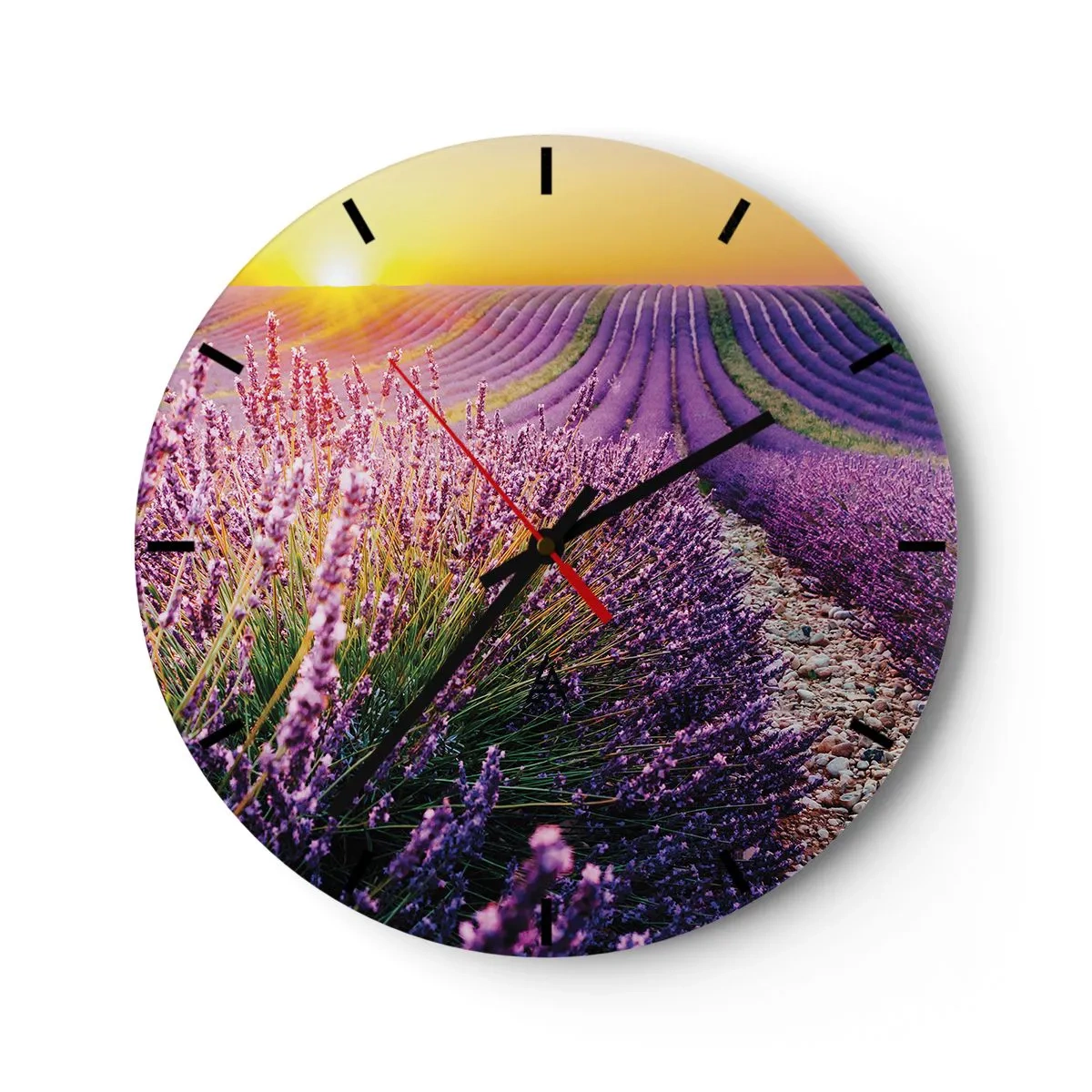 Nástenné hodiny - Levanduľové pole pri západe slnka s kamenistým chodníkom - 30x30cm - Voňavý lán - Moderná nástenná dekorácia do obývacej izby, kuchyne a spálne ARTTOR