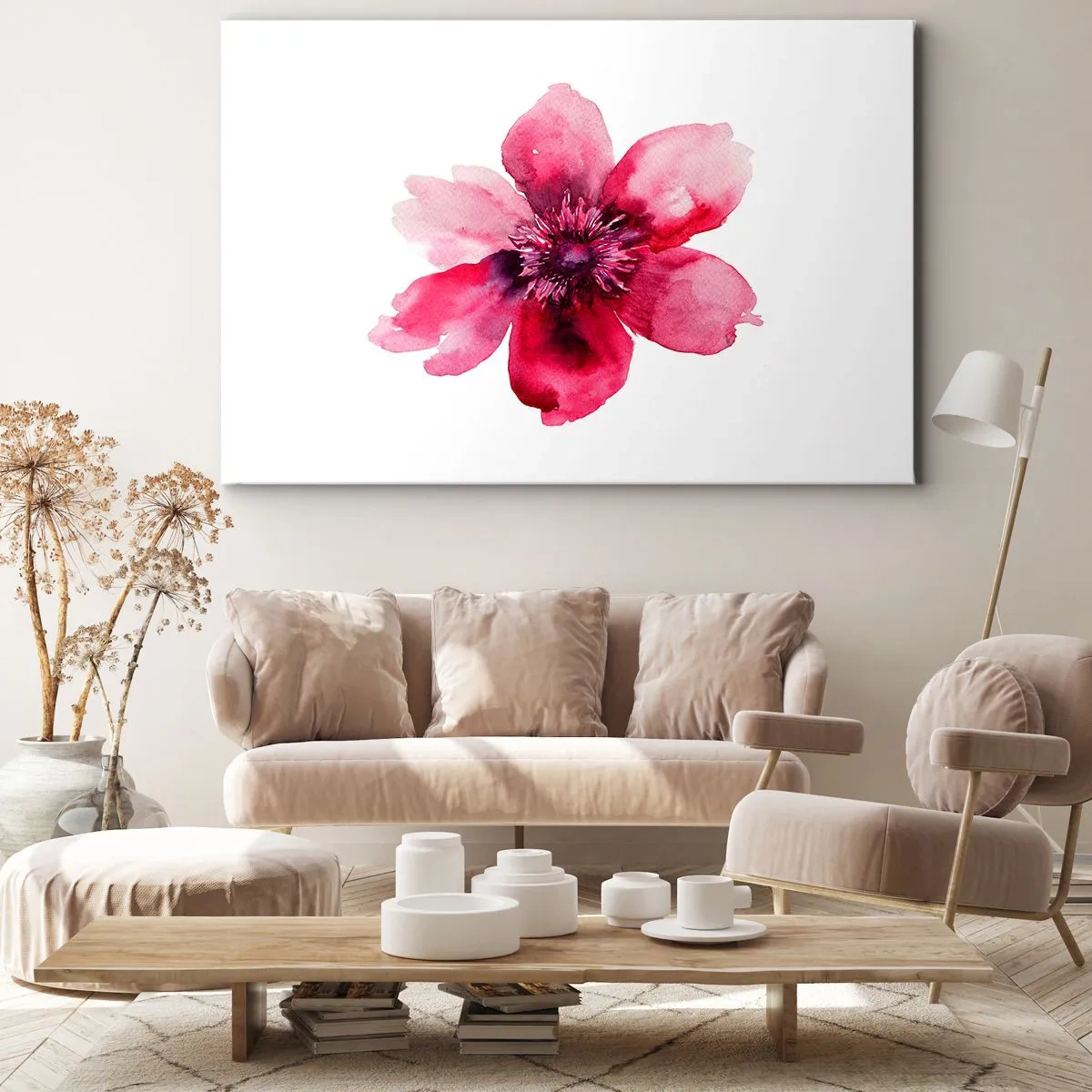 Obraz na plátne - Ružový kvet v akvarelovom štýle na bielom pozadí - 70x50cm - Karmínový voňavý bozk - Moderná nástenná dekorácia do obývacej izby a spálne ARTTOR
