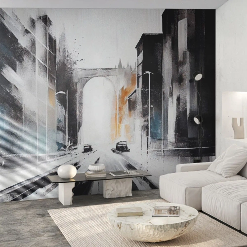 Fototapeta Standard Eco - Moderná interpretácia mestskej ulice s oblúkom a autami - 100x70cm - Štúdia mesta: architektúra a pohyb - Moderná nástenná dekorácia do obývacej izby a spálne ARTTOR