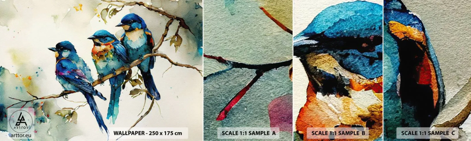 Vzorka samolepiacej fototapety Deluxe Sticker - Urazil sa? - Vtáky, Príroda, Akvarel - 100x30 cm