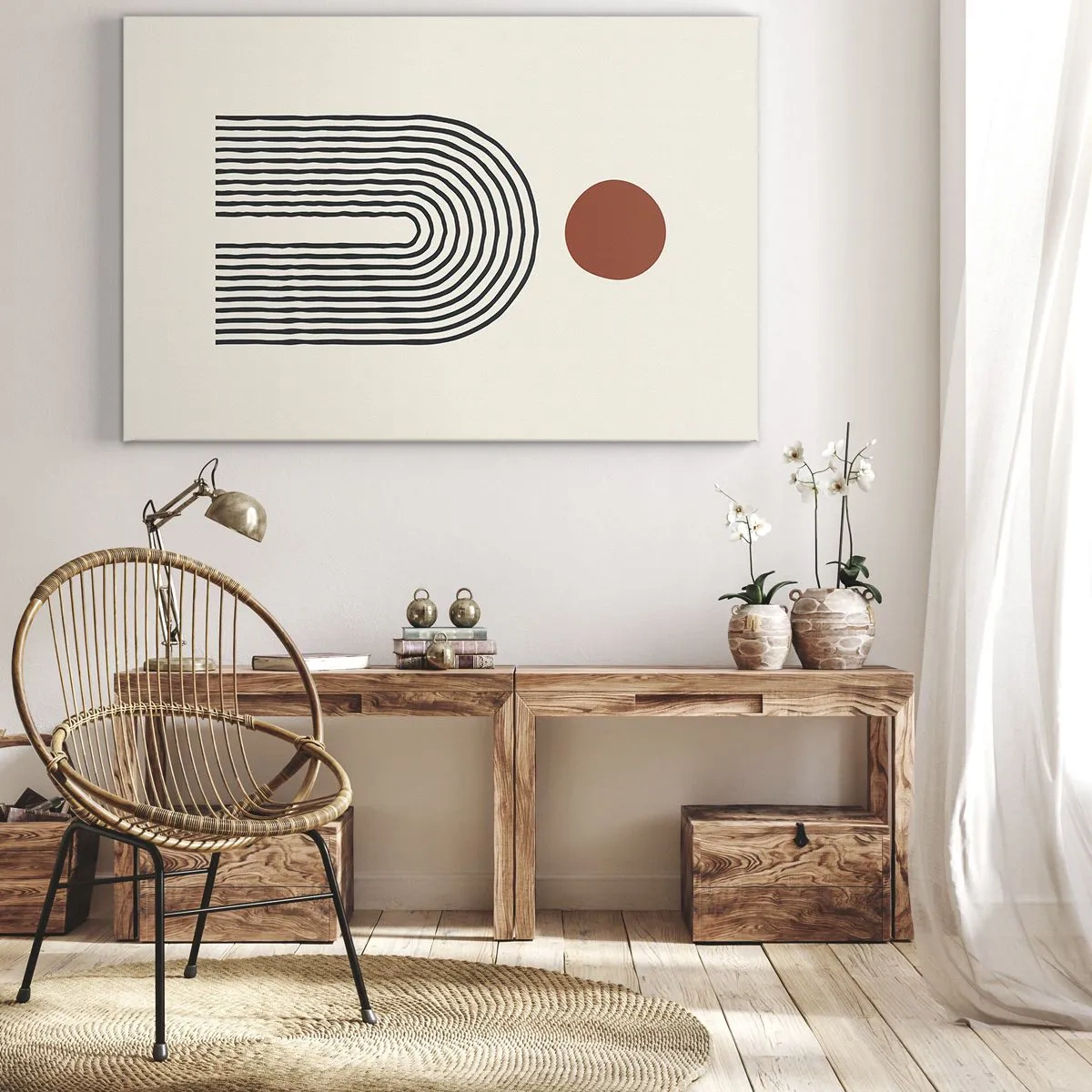 Obraz na plátne - Moderný abstraktný vzor s čiarami a červeným kruhom - 70x50cm - Magnetizmus tvarov a farieb - Moderná nástenná dekorácia do obývacej izby a spálne ARTTOR