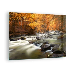 Obraz na skle - Jesenný les s potokom a kameňmi - 70x50cm - Potok v zlatom lese - Moderná nástenná dekorácia do obývacej izby a spálne ARTTOR