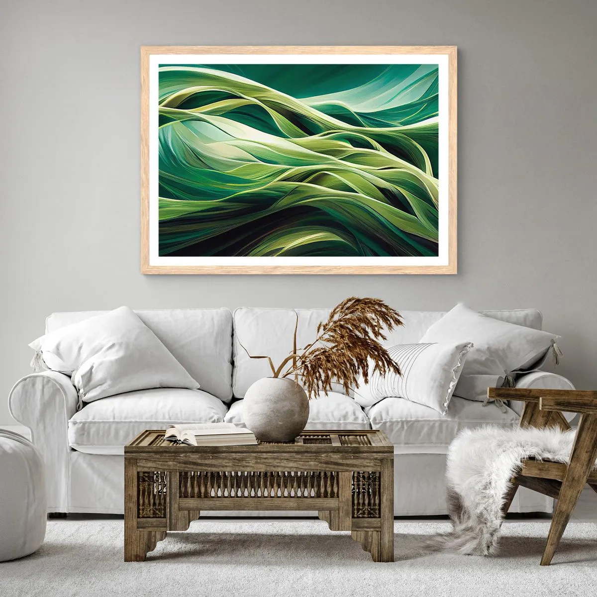 Plagát v ráme zo svetlého duba - Abstraktná hra na zelenú - 100x70 cm