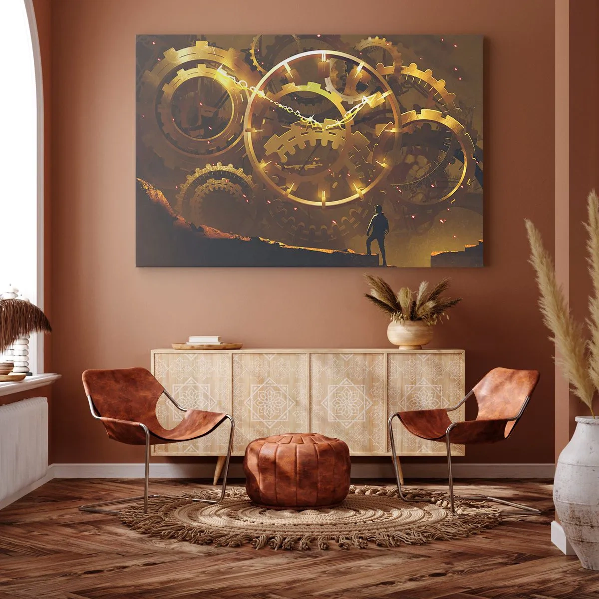 Obraz na plátne - Zlaté ozubené kolesá v surrealistickom prostredí s postavou - 70x50cm - Pri zdrojoch času - Moderná nástenná dekorácia do obývacej izby a spálne ARTTOR