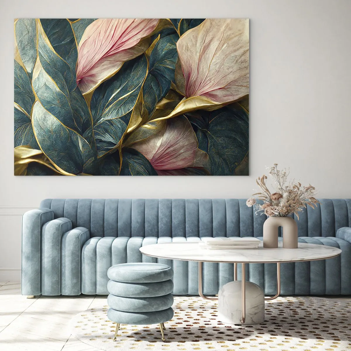 Obraz na skle - Zelené a ružové listy so zlatými akcentmi - 70x50cm - Prirodzená elegancia a štýl - Moderná nástenná dekorácia do obývacej izby a spálne ARTTOR