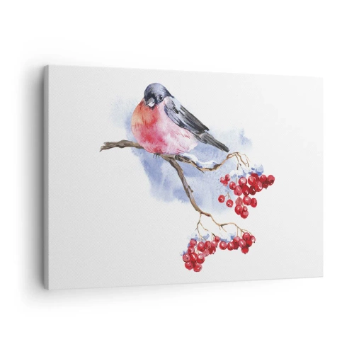 Obraz na plátne - Vták na konári s červeným ovocím na akvarelovom pozadí - 70x50cm - Farebná zima - Moderná nástenná dekorácia do obývacej izby a spálne ARTTOR