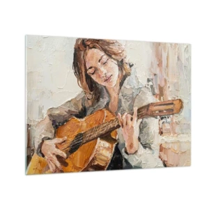 Obraz na skle - Dievča hrá na gitare v impresionistickom štýle - 70x50cm - Koncert pre gitaru a dievčenské srdce - Moderná nástenná dekorácia do obývacej izby a spálne ARTTOR