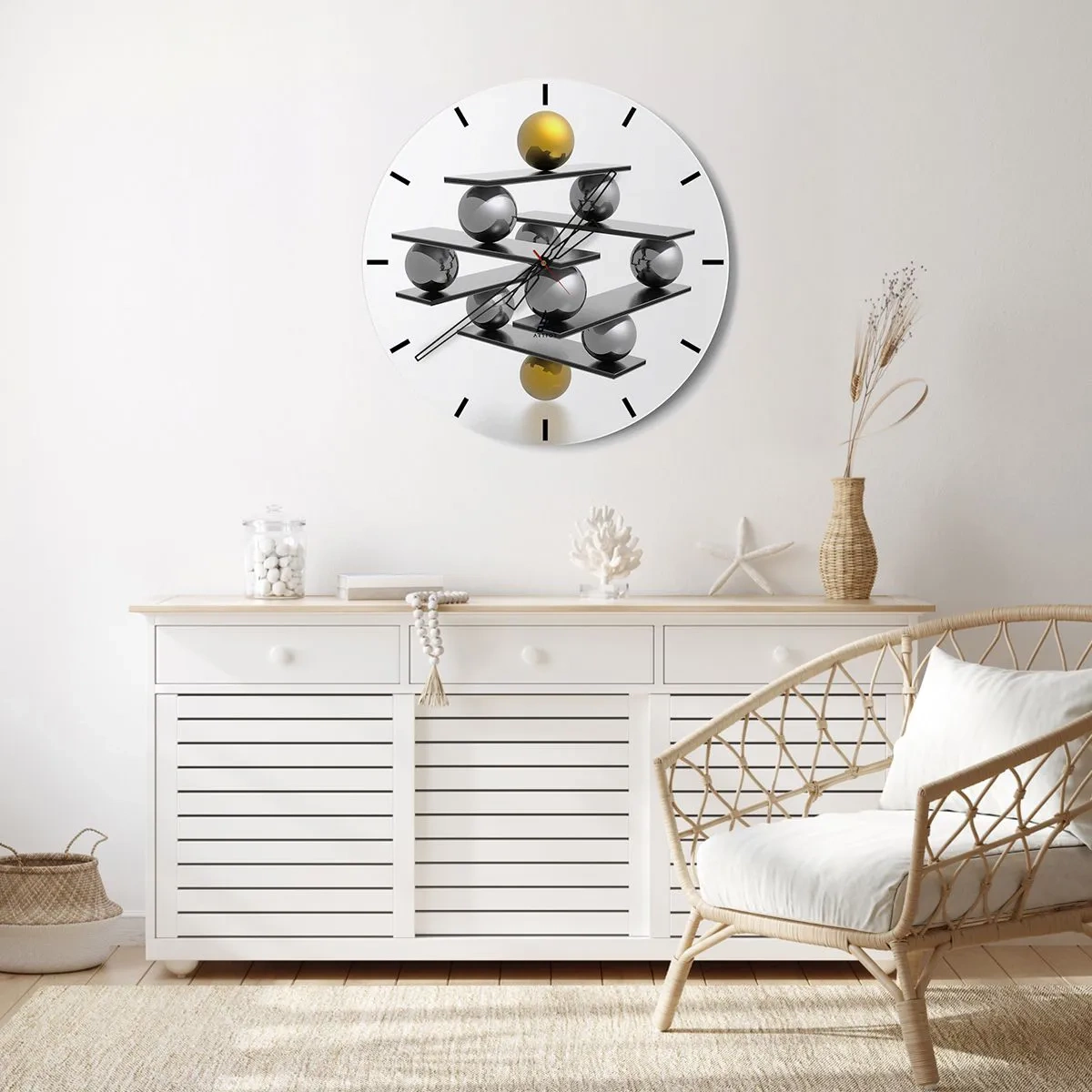 Nástenné hodiny - Moderná kompozícia zlatých a strieborných guličiek na bielom pozadí - 30x30cm - Zlato-strieborná rovnováha - Moderná nástenná dekorácia do obývacej izby, kuchyne a spálne ARTTOR