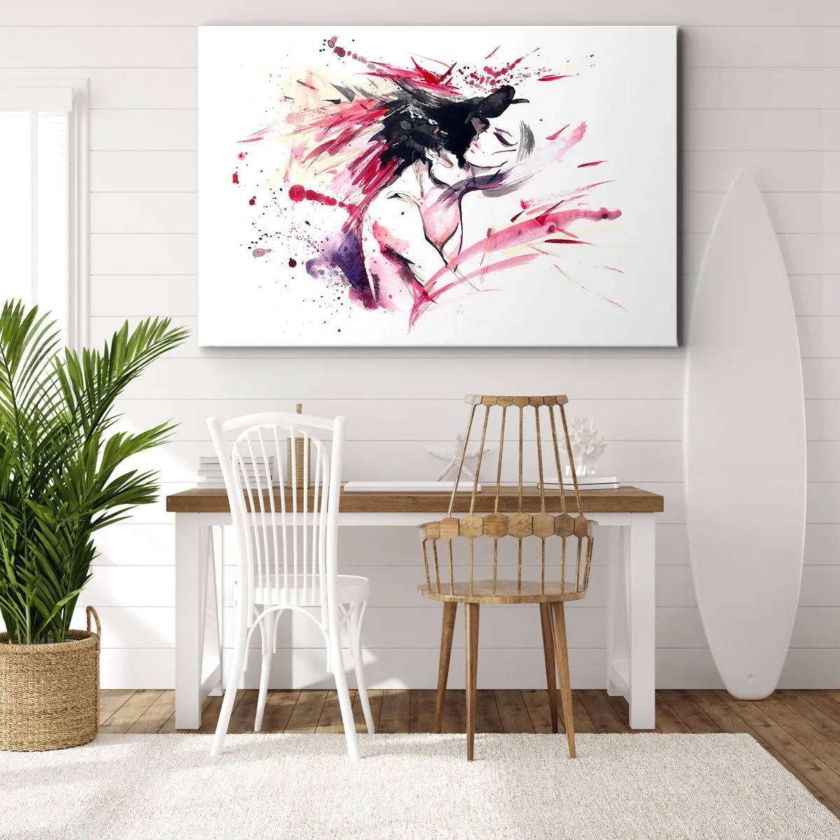 Obraz na plátne - Abstraktný portrét ženy s dynamickými červenými akcentmi - 70x50cm - Milostné naplnenie - Moderná nástenná dekorácia do obývacej izby a spálne ARTTOR