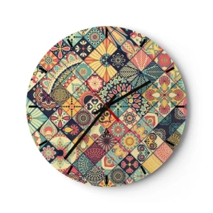 Nástenné hodiny - Farebný patchworkový motív s geometrickými vzormi - 30x30cm - Marocká vízia - Moderná nástenná dekorácia do obývacej izby, kuchyne a spálne ARTTOR
