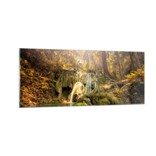 Obraz na skle - Lesný vodopád v zeleni - 100x40 cm