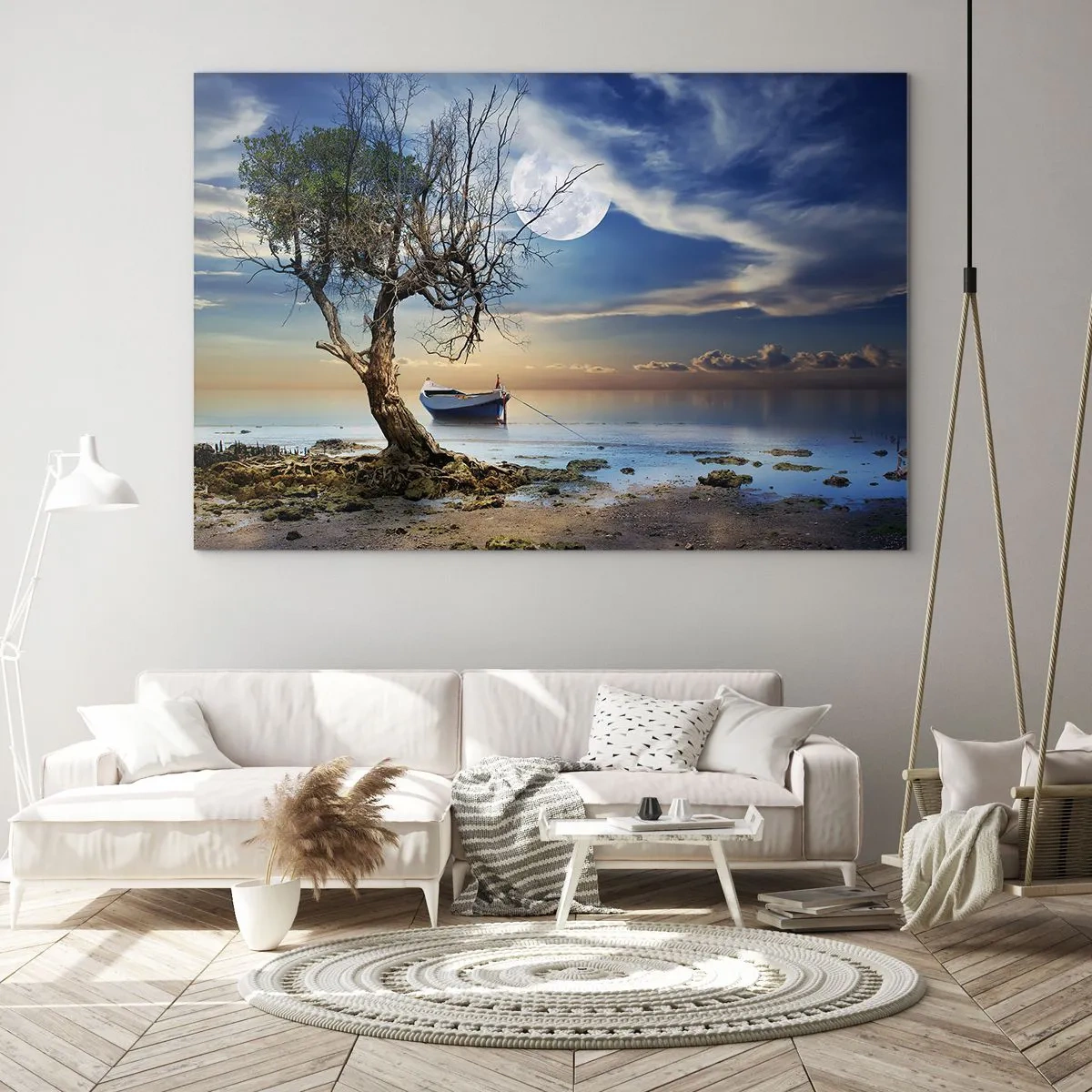 Obraz na skle - Osamelá loď pri strome na pozadí mesiaca - 70x50cm - Je to koniec alebo začiatok? - Moderná nástenná dekorácia do obývacej izby a spálne ARTTOR